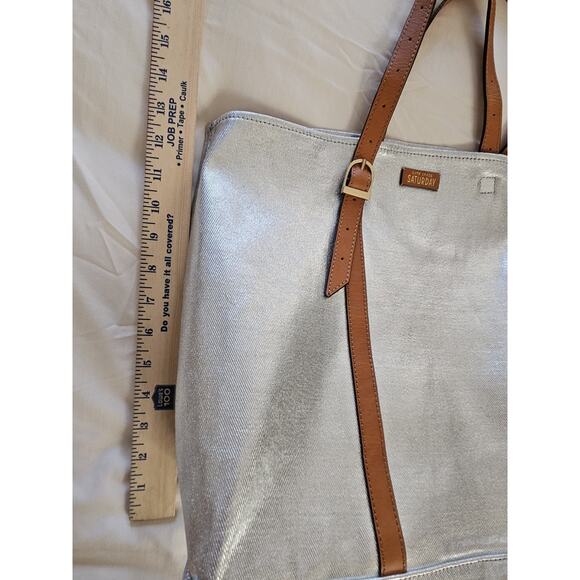 KATE SPADE SATURDAY Silver Metallic Canvas Large Tote Bag Purse Double Straps - Picture 9 of 11